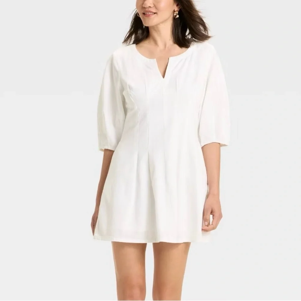 🎯50% OFF! a new day Puff Short Sleeve Corset Mini A-Line Dress linen blend white